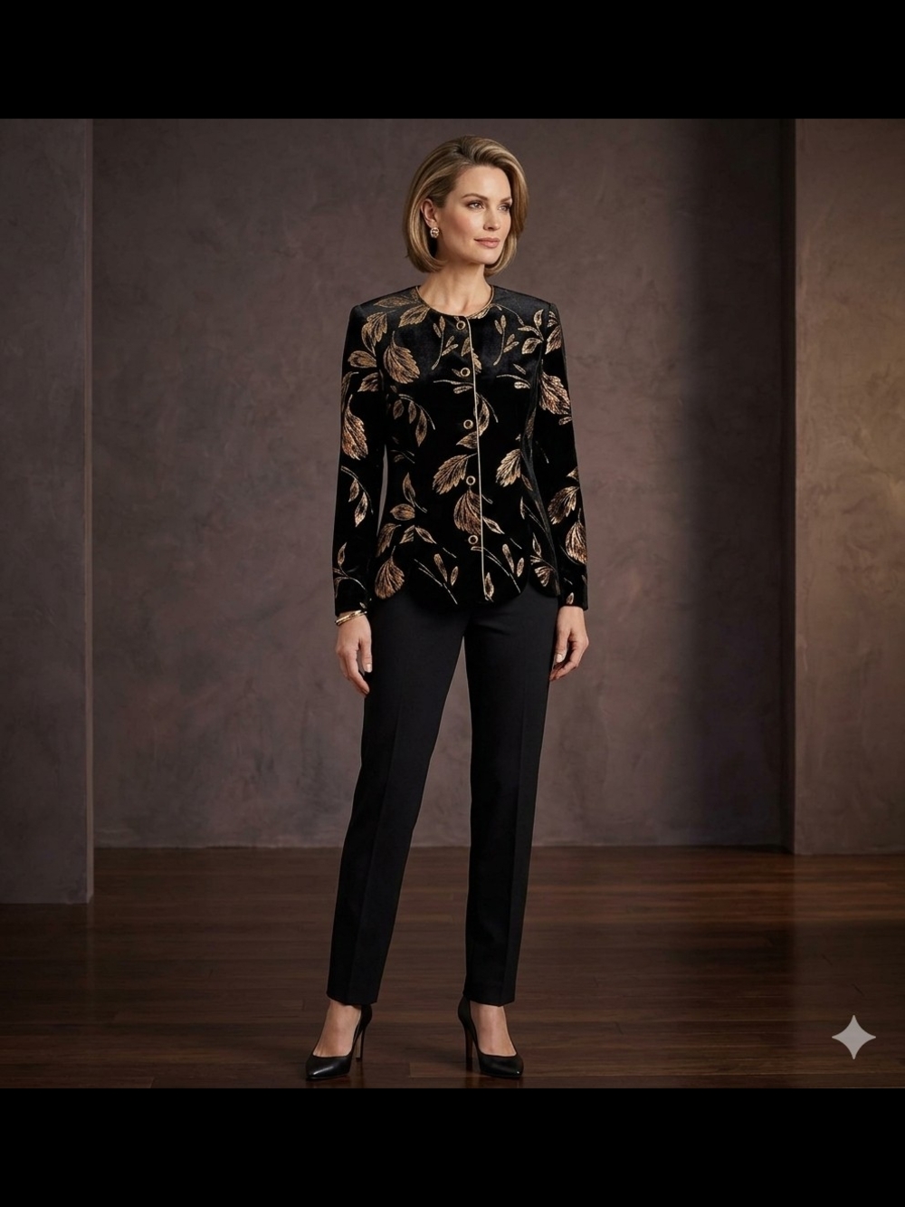 R&K Evening women’s top, characterized by its deep black velvet fabric Jacket.